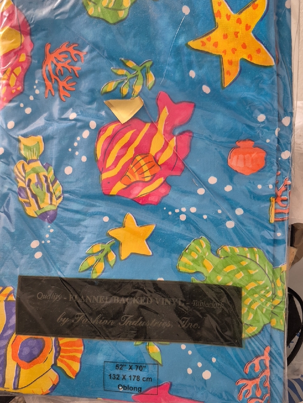 Ocean Life Vinyl Tablecloth - Bright Blue with Colorful Fish & Starfish